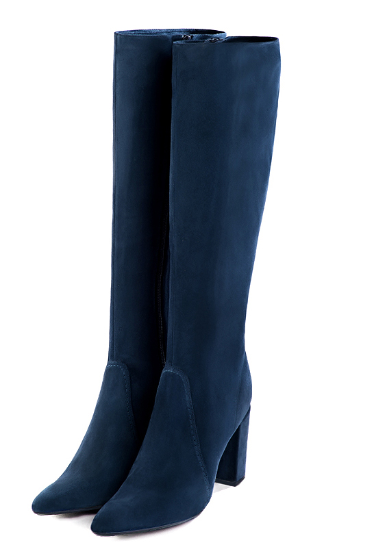 Bottes féminines élégantes et raffinées, réalisées sur mesure, coloris bleu marine. Bout effilé. Très haut. Talon bottier. Mollets fins ou larges. Personnalisation : Choix des cuirs, des couleurs et des talons. - Florence KOOIJMAN